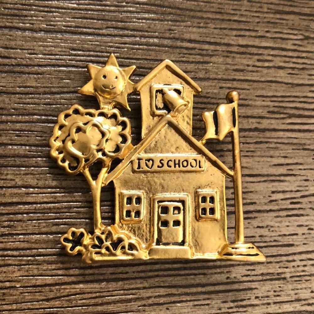 Vintage I Love School Pin Mate Goldtone School House
